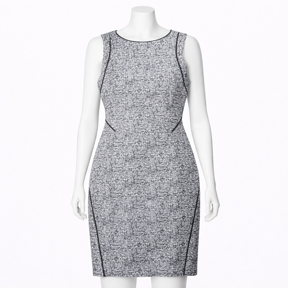 Lafayette 148 Sheath Dress Womens 6 Grey Tweed Faux Leather Trim Sleeveless Zip‎